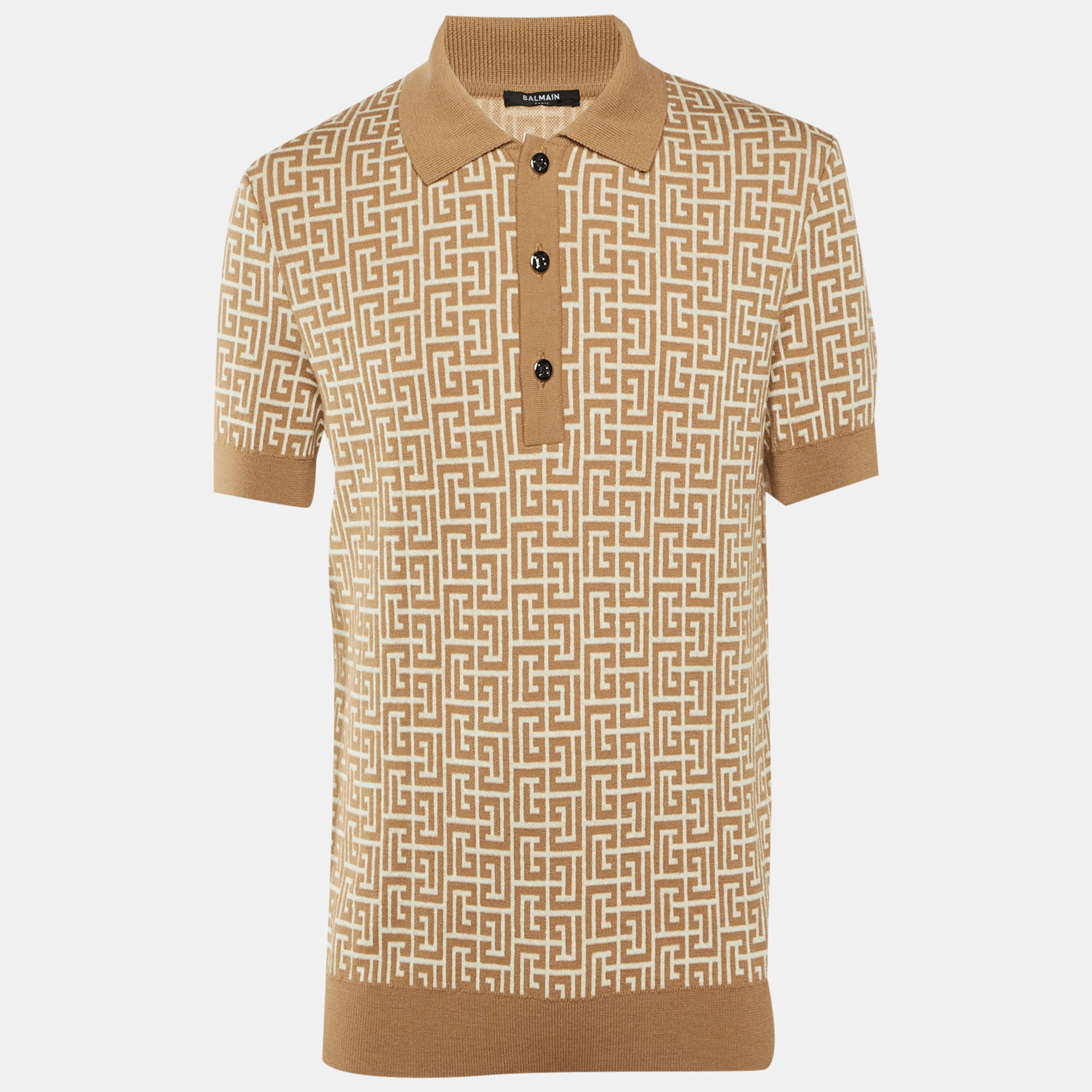 Balmain Beige Monogram Wool & Linen Knit Polo T-Shirt M, Shirts & Tops - Luxury Closet