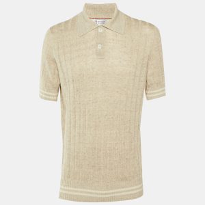 Brunello Cucinelli Beige Linen & Cotton Rib Knit Polo T-Shirt L, Shirts & Tops - Luxury Closet