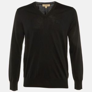 Burberry Black Merino Wool Benton V-Neck Sweater S, Sweaters & Cardigans - Luxury Closet