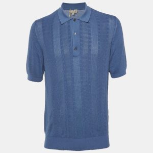 Canali Blue Cotton Cable Knit Polo T-Shirt XL, Shirts & Tops - Luxury Closet