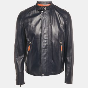 Dior Homme Navy Blue Leather Zip-Up Jacket L, Coats & Jackets - Luxury Closet