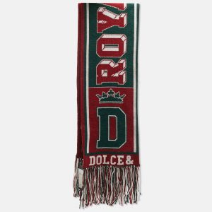 Dolce & Gabbana Burgundy/Green Logo Intarsia Cashmere Fringed Muffler, Scarves & Shawls - Luxury Closet