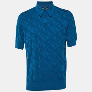 Dolce & Gabbana Blue DG Geometric Pattern Silk Knit Polo T-Shirt M, Shirts & Tops - Luxury Closet