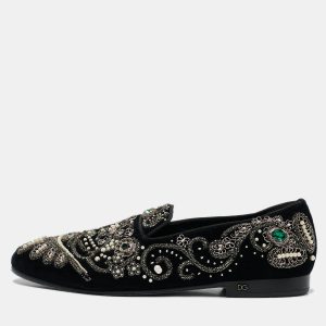 Dolce & Gabbana Black Velvet Embroidered and Embellished Smoking Slippers Size 42, Loafers & Slip-Ons - Luxury Closet