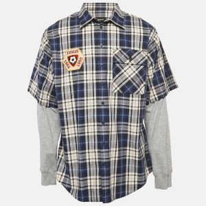Dsquared2 Blue Tartan Checks Cotton and Jersey Sleeve Shirt L, Shirts & Tops - Luxury Closet