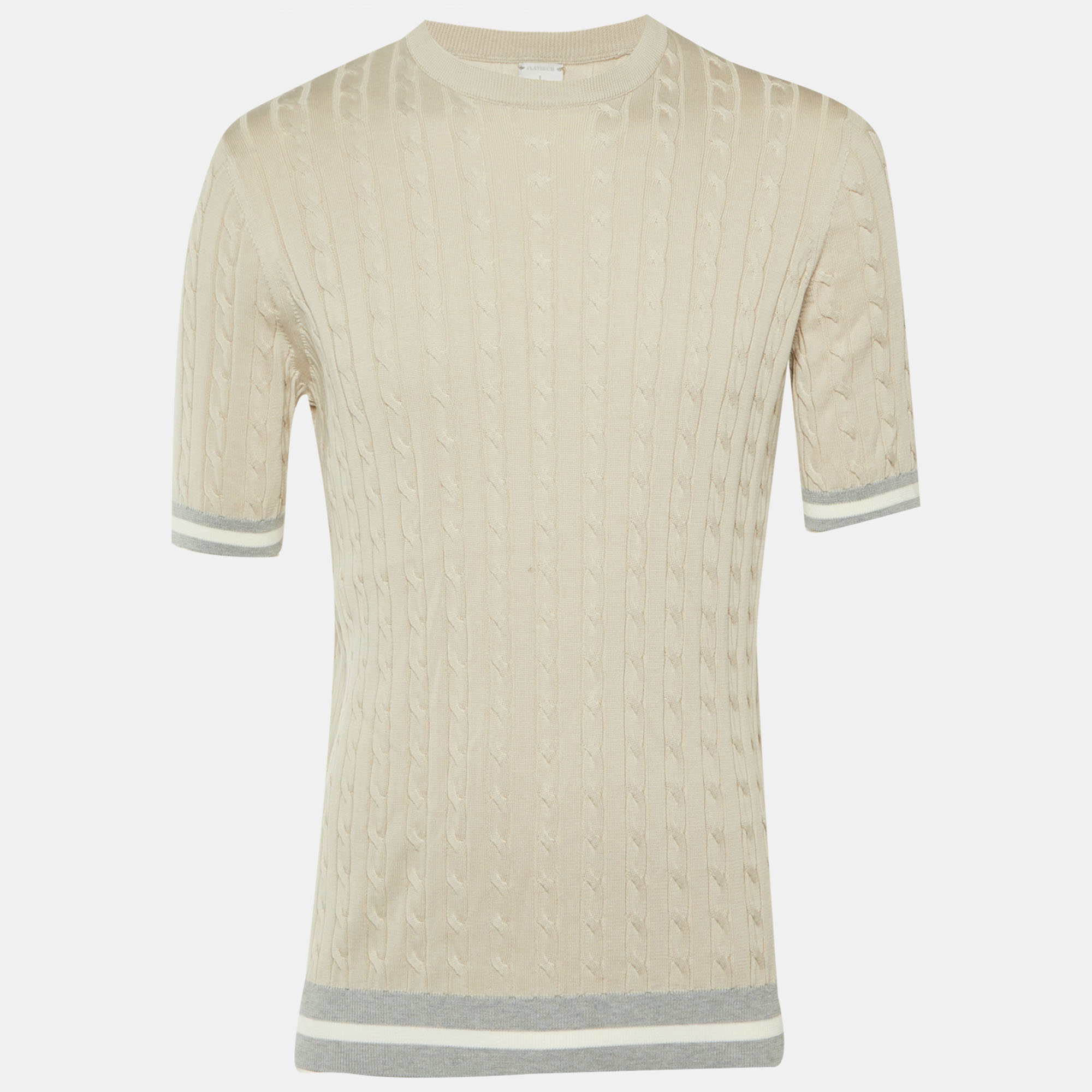 Eleventy Beige Cable Knit Crew Neck T-Shirt L, Shirts & Tops - Luxury Closet
