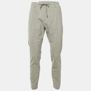 Eleventy Grey Pin Striped Wool Pleated Pants L/Waist 34", Pants - Luxury Closet