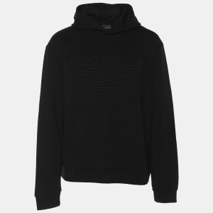 Emporio Armani Black Jersey Logo Embroidered Hoodie XL, Sweaters & Cardigans - Luxury Closet