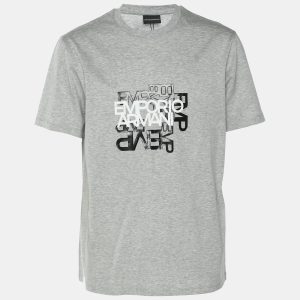 Emporio Armani Grey Cotton Logo Print Crew Neck T-Shirt XL, Shirts & Tops - Luxury Closet