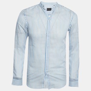 Emporio Armani Blue Striped Cotton Blend Madeiran Collar Shirt S, Shirts & Tops - Luxury Closet