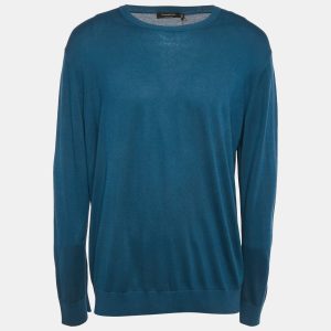 Ermenegildo Zegna Blue Cotton Knit Crew Neck Sweatshirt 4XL, Sweaters & Cardigans - Luxury Closet