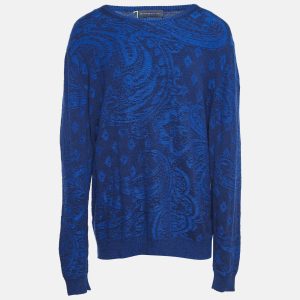 Etro Blue Paisley Knit Crew Neck Sweater XXL, Sweaters & Cardigans - Luxury Closet