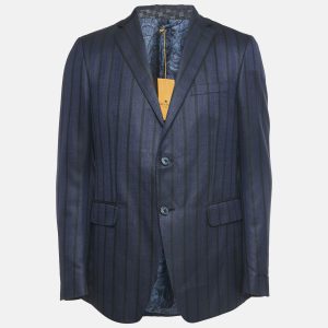 Etro Navy Blue Stripe Wool Blend Single Breasted Blazer L, Coats & Jackets - Luxury Closet