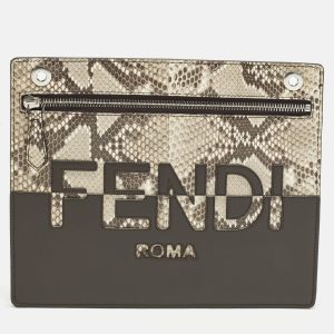 Fendi Logo Brown/Beige Leather and Python Flat Pouch, Handbags - Luxury Closet