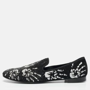 Giuseppe Zanotti Black/White Hand Print Suede Crystal Embellished Smoking Slippers Size 41.5, Loafers & Slip-Ons - Luxury Closet