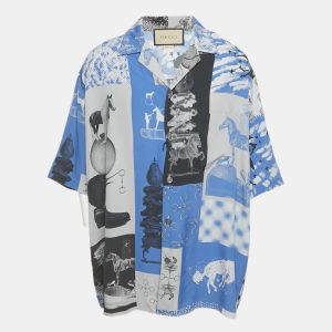 Gucci Blue Patchwork Silk Short Sleeve Shirt L, Shirts & Tops - Luxury Closet