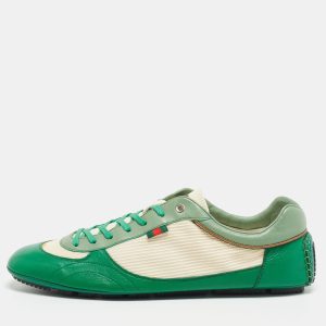 Gucci Green/White Leather and Fabric Low Top Sneakers Size 45.5, Shoes - Luxury Closet