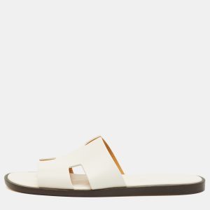 Herm&egrave;s Izmir Size 44.5 White Leather Slide Sandals, Sandals - Luxury Closet