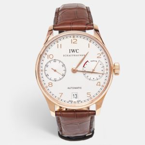 IWC Schaffhausen Portuguese IW5001-01 Silver Dial 18K Rose Gold Alligator Leather Men's Wristwatch 42.30 mm, Watches - Luxury Closet