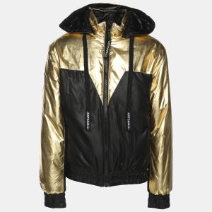 Just Cavalli Gold/Black Nylon Bomber Hoodie Jacket M, Coats & Jackets - Luxury Closet