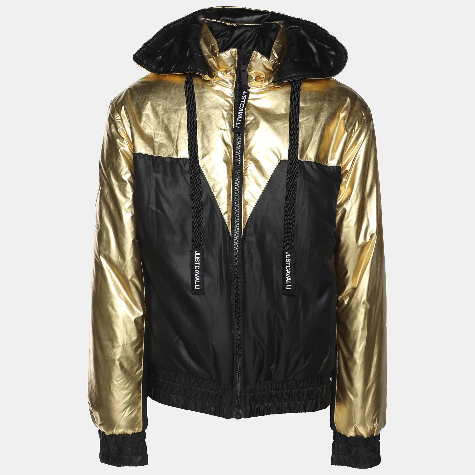 Just Cavalli Gold/Black Nylon Bomber Hoodie Jacket M, Coats & Jackets - Luxury Closet
