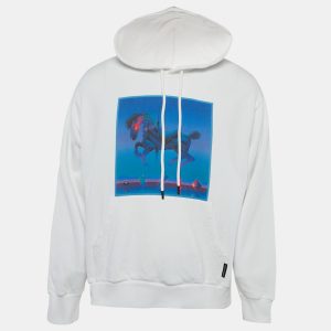 Marcelo Burlon White Printed Cotton Knit Hooded Sweatshirt S, Sweaters & Cardigans - Luxury Closet