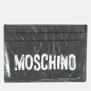 Moschino Grey Leather Logo Print Card Holder, Wallets & Money Clips - Luxury Closet