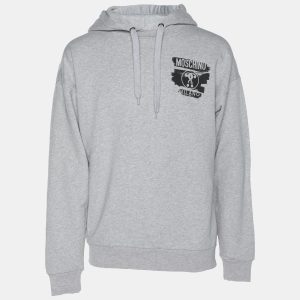 Moschino Grey Cotton Logo Print Hoodie M, Sweaters & Cardigans - Luxury Closet