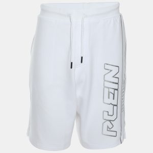 Plein Sport White/Silver Jersey Logo Print Shorts L, Clothing - Luxury Closet