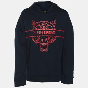 Plein Sport Navy Blue Jersey Tiger Print Hoodie L, Sweaters & Cardigans - Luxury Closet