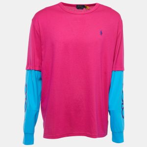 Polo Ralph Lauren Pink/Blue Logo Embroidered Cotton Crew Neck Long Sleeve T-Shirt L, Sweaters & Cardigans - Luxury Closet