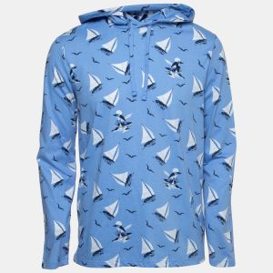 Polo Ralph Lauren Blue All-Over Yacht Print Cotton Hooded Sweatshirt S, Sweaters & Cardigans - Luxury Closet