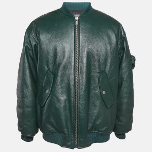 Prada Green Metal Triangle Leather Bomber Jacket XS, Coats & Jackets - Luxury Closet