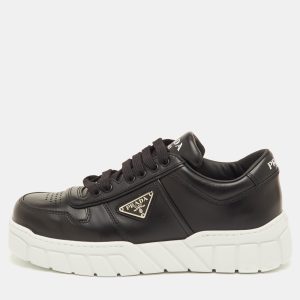 Prada Logo Plaque Size 41.5 Black Leather Lace Up Sneakers, Shoes - Luxury Closet
