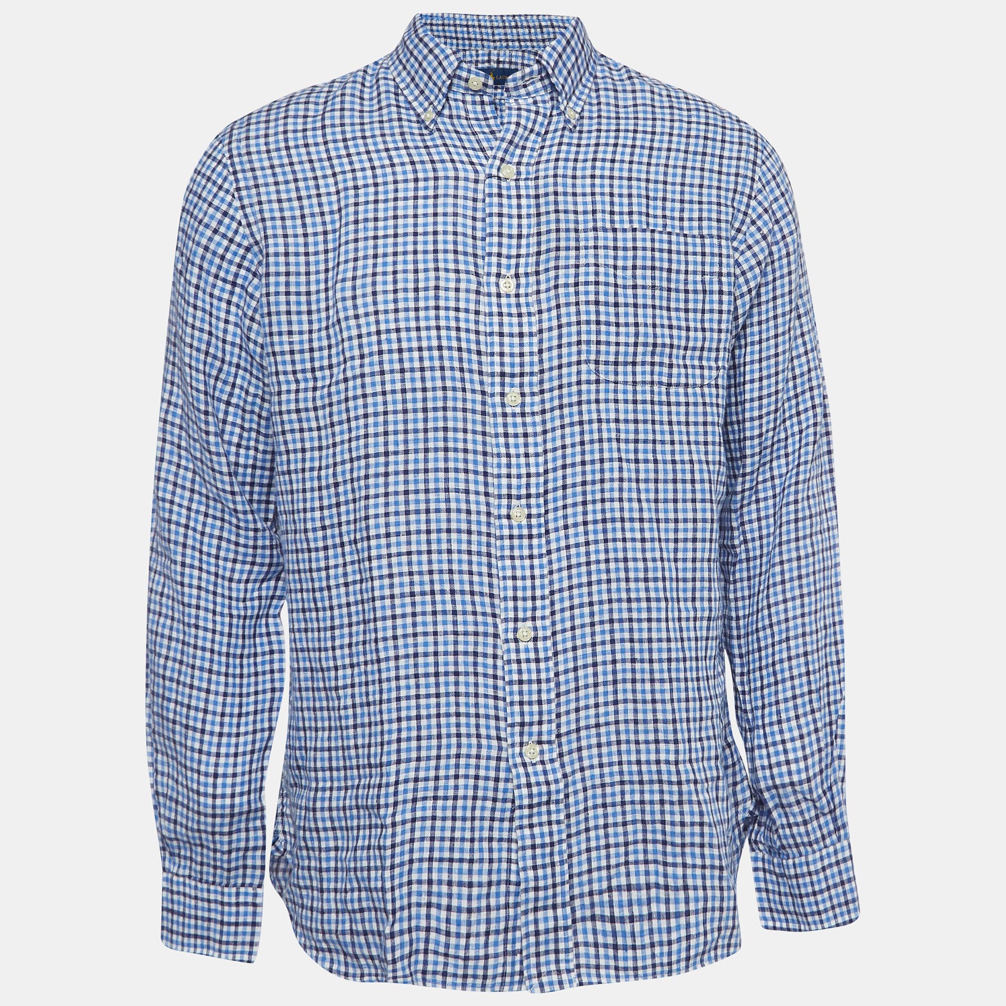 Ralph Lauren Blue Gingham Linen Button Down Shirt M, Shirts & Tops - Luxury Closet