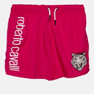 Roberto Cavalli Beachwear Fucsia Pink Logo Printed Swim Shorts S, Clothing - Luxury Closet