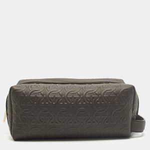 Salvatore Ferragamo Choco Brown Gancini Embossed Leather Toiletry Pouch, Handbags - Luxury Closet