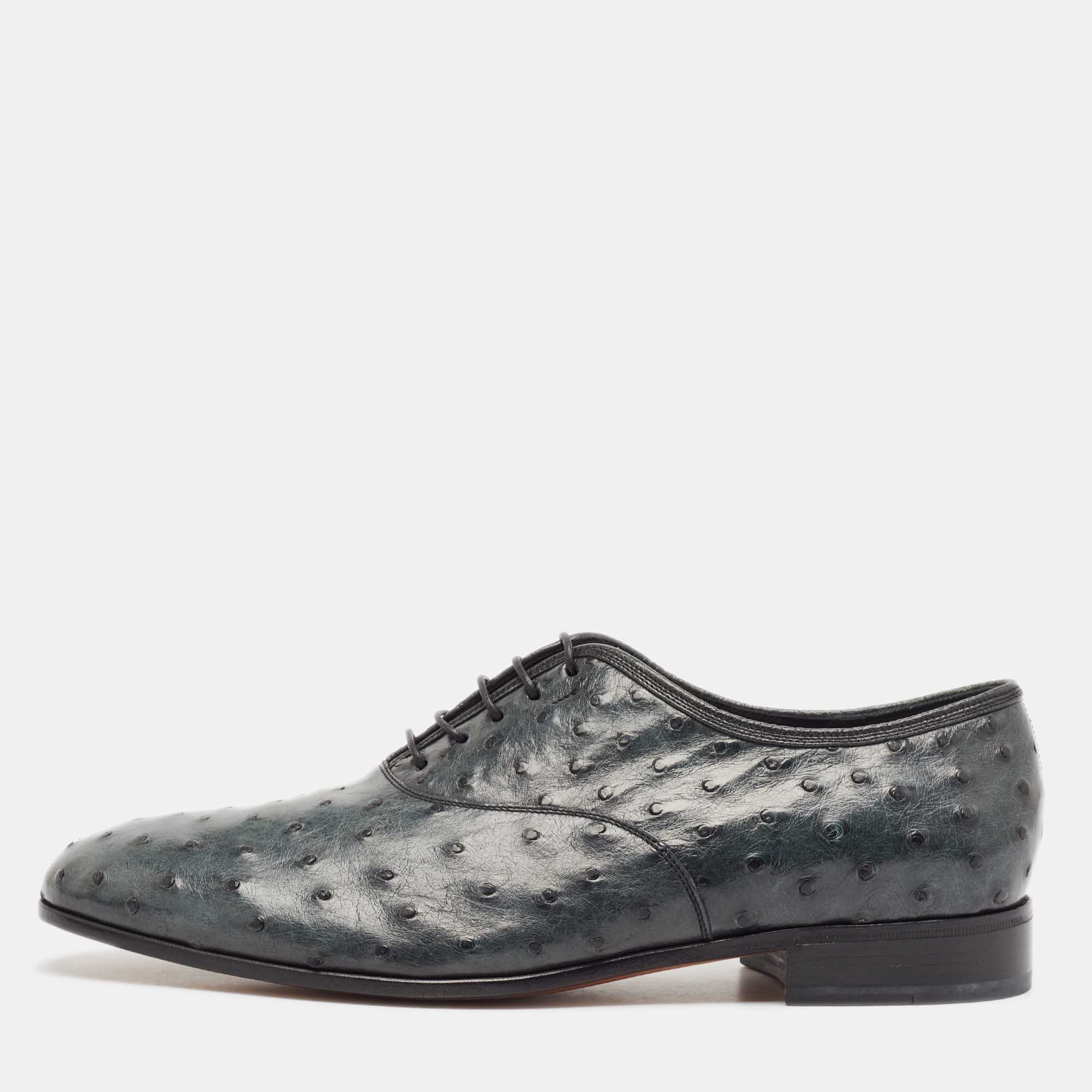 Salvatore Ferragamo Grey Ostrich Leather Gris Oxfords Size 41.5, Oxford Shoes - Luxury Closet