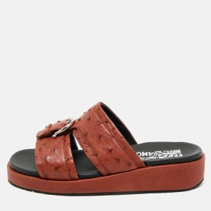 Salvatore Ferragamo Brown Ostrich Lutfi Platform Slides Size 40.5, Sandals - Luxury Closet