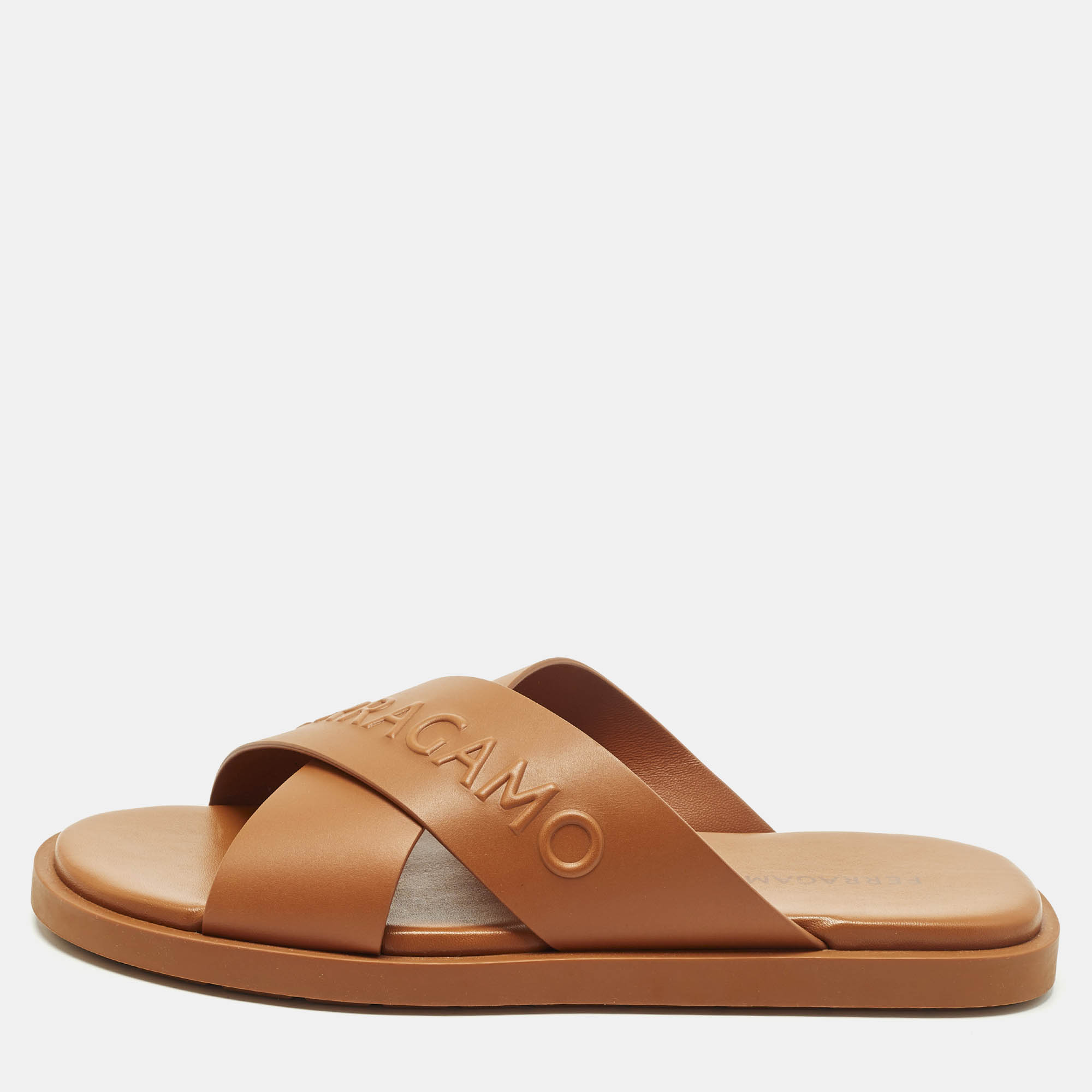 Salvatore Ferragamo Size 44 Brown Leather Crisscross Flat Slides, Sandals - Luxury Closet