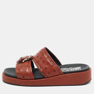 Salvatore Ferragamo Lufti Size 41 Brown Ostrich Leather Flat Sandals, Shoes - Luxury Closet