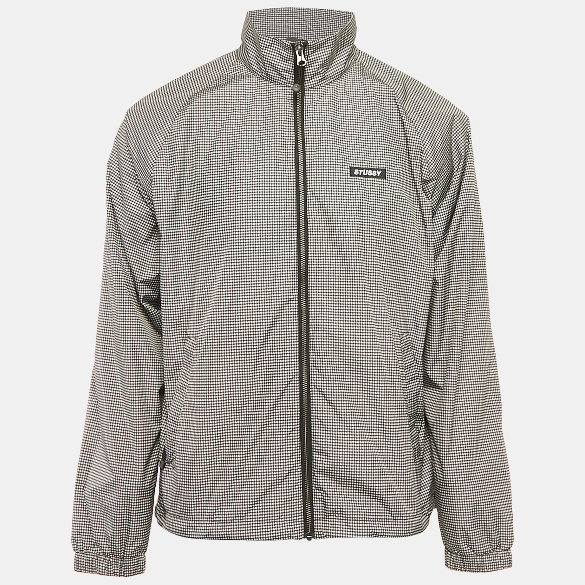 Stussy Black Houndstooth Synthetic Windbreaker Zip-Up Jacket M, Coats & Jackets - Luxury Closet