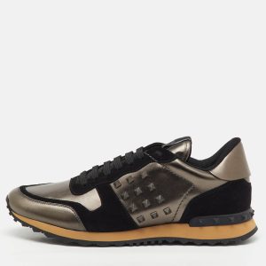 Valentino Black/Metallic Leather and Suede Rockrunner Low Top Sneakers Size 45, Shoes - Luxury Closet