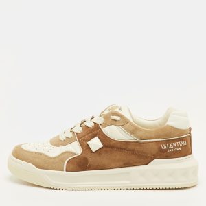 Valentino One Stud XL Size 41.5 Light Brown/White Suede and Leather Low Top Sneakers, Shoes - Luxury Closet