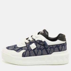 Valentino One Stud XL Size 41.5 Navy Blue/White Toile Iconographe Jacquard and Leather Sneakers, Shoes - Luxury Closet