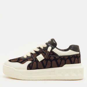 Valentino One Stud XL Size 41.5 Dark Brown/White Toile Iconographe&nbsp;Jacquard and Leather Sneakers, Shoes - Luxury Closet