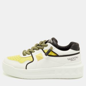 Valentino One Stud XL Size 41.5 White/Light Yellow Leather Low Top Sneakers, Shoes - Luxury Closet