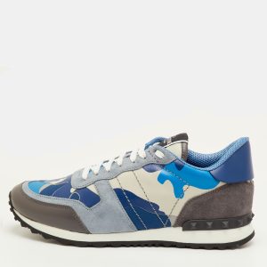 Valentino Rockrunner Size 41.5 Blue/Beige Camouflage Canvas, Leather and Suede Sneakers, Shoes - Luxury Closet
