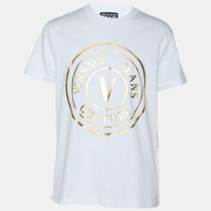 Versace Jeans Couture White/Gold Jersey Logo Print T-Shirt L, Shirts & Tops - Luxury Closet
