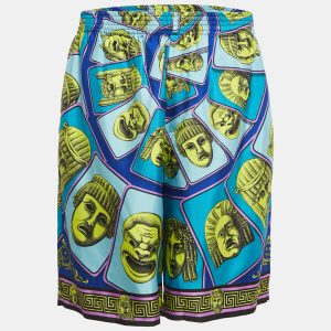 Versace Blue/Multicolor Mask Foulard Print Silk Shorts XL, Clothing - Luxury Closet